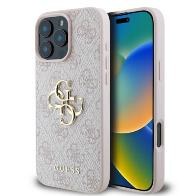 Coque IPHONE 16 Pro Max Guess Simili Cuir Rose Big Logo Or