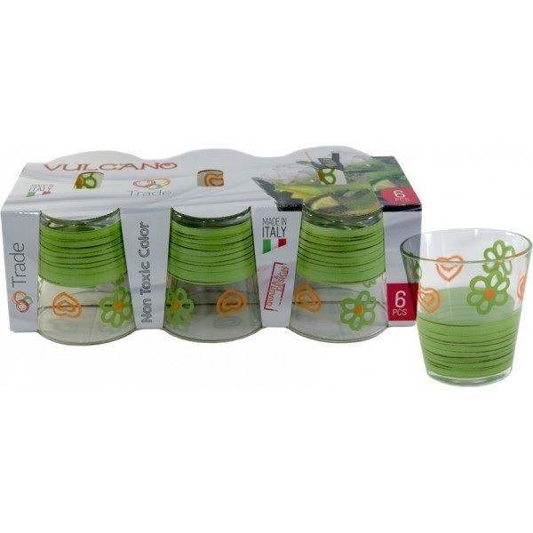 Set Servizio 6 Pezzi Bicchieri Vetro Decorati Vulcano Verde dfh