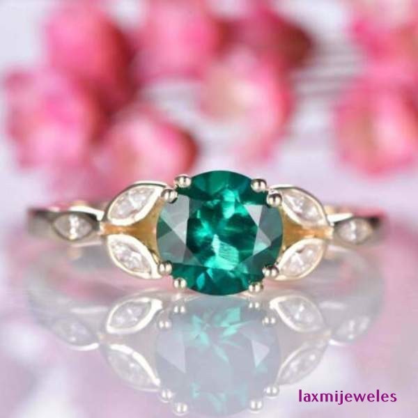 Real Green Emerald Ring 2.5Ct Round Cut Leaf Art Deco 14K Rose Gold Finish Gift