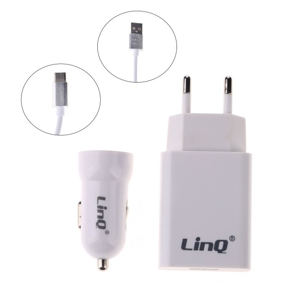 Kit Caricabatterie 3in1 Adattatore Auto Rete Cavo Usb Tipo C Linq Tpc-3301