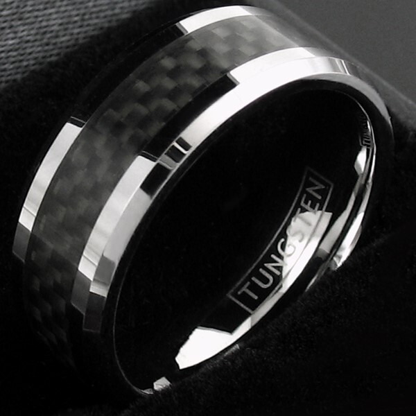 Tungsten Carbide Men's Ring Silver with Black Carbon Fiber Stripe Wedding Band