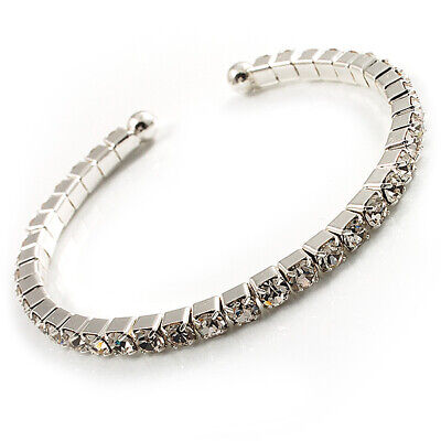 Slim Clear Crystal Flex Bangle Bracelet in Silver Tone