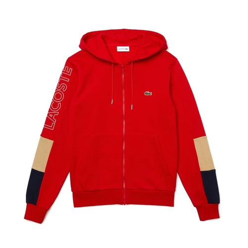 Lacoste Флисовая толстовка на молнии красного/венского/темно-синего цвета с цветными блоками — 5/L