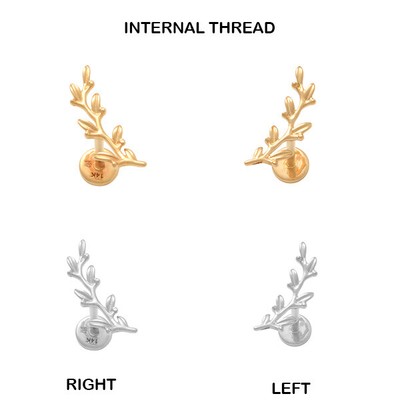14K REAL Solid Gold Curved Leaf Ear Piercing Cartilage Stud Earring Piercing 18G