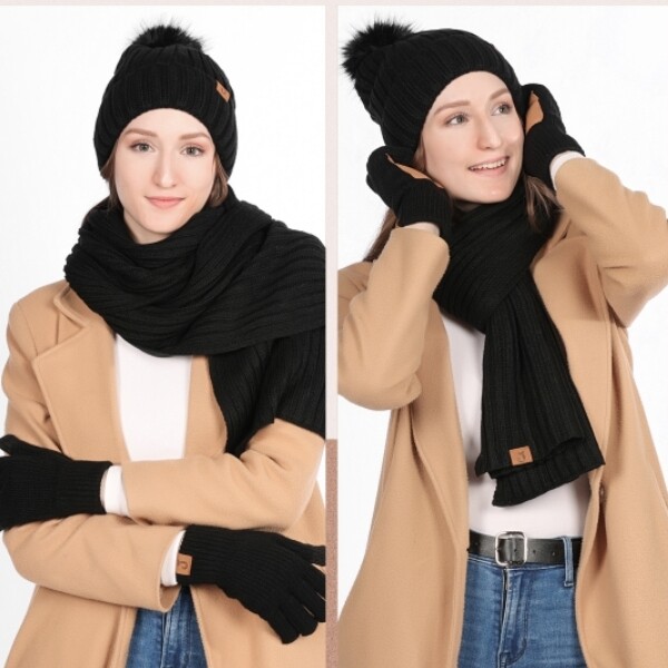 Winter Beanie Fleece Lined Pom Pom Hat Long Scarf Touchscreen Gloves for Women