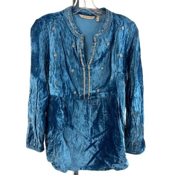 Soft Surroundings Tunic Top Women's Size XS Petite Blue Velvet Beaded Jeweled