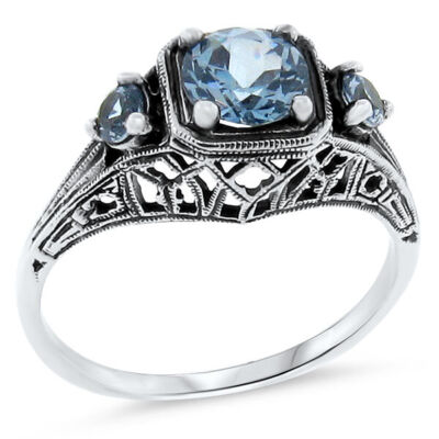 ART DECO STYLE 925 STERLING SILVER THREE-STONE RING SIMULATED AQUAMARINE    131X