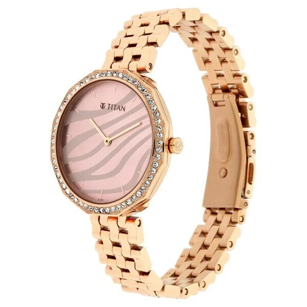Pre-owned Titan Animalia Rose Gold Dial Quartz Analog Stainless Steel Strap Watch For Wome
