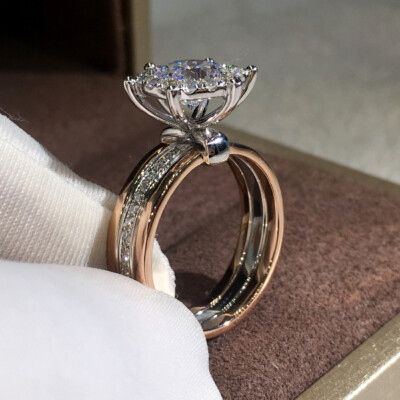 luxury Round Cubic Zircon women jewelry Two Tone 925 Silver Filled Ring Sz 6-10