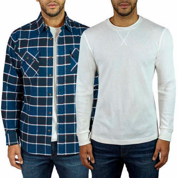 JACHS New York 2 Pack Men's Waffle Thermal & Flannel Shirt Navy Plaid 3XL
