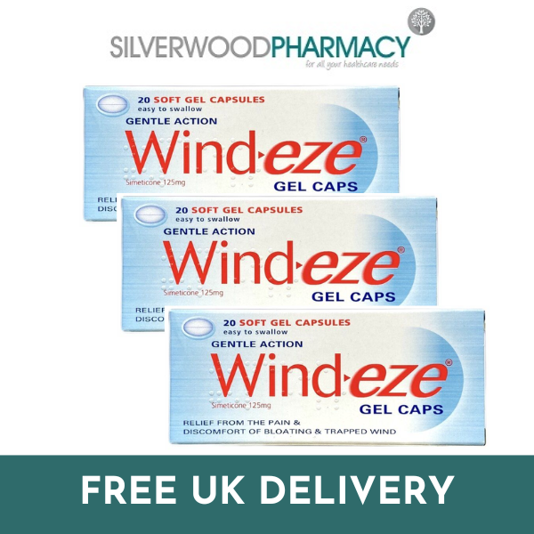 3x Wind-eze Simeticone - Relief from Trapped Wind, Bloating 20 Soft Gel Capsules