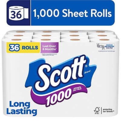 FULL CASE Scott 1000 Sheets Per Roll, 36 Toilet Paper Rolls, Bath Tissue
