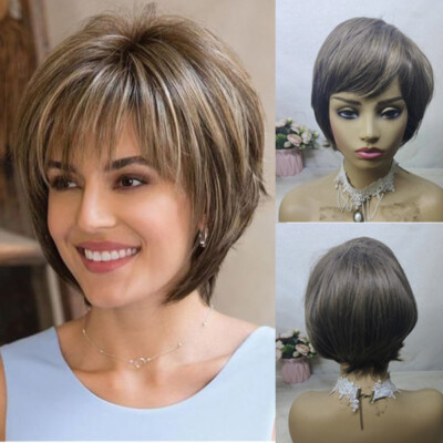 Pixie Cut Dark Brown Mixed Blonde Highlight Wigs With Bangs Synthetic Heat Safe