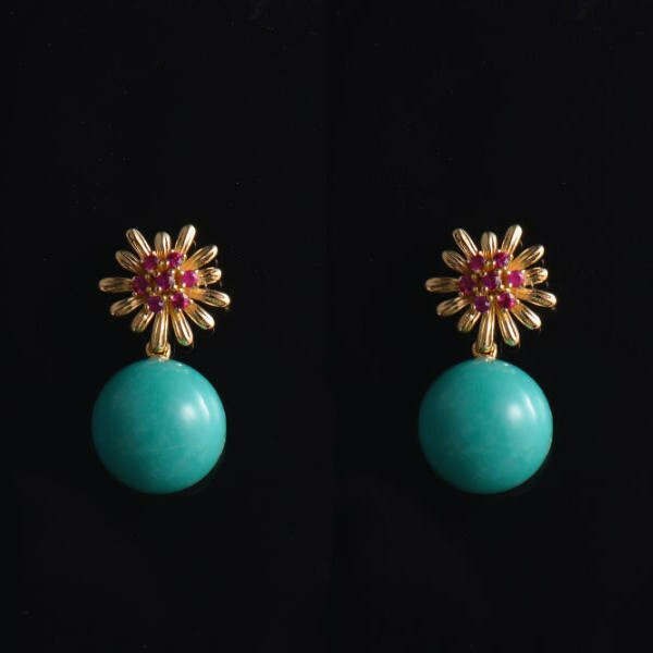 Pre-owned Ruby Natural Red  Blue Turquoise Diamond Dangle Earrings Solid 14k Yellow Gold