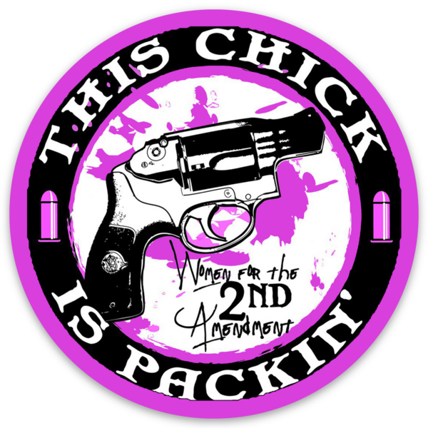 THIS CHICK IS PACKIN' GUN SAYING QUOTE PINK ROUND DIE-CUT STICKER