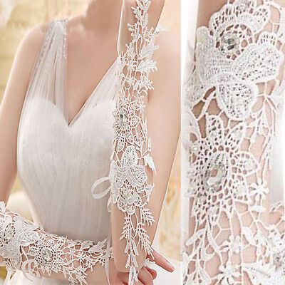 Women White Open Lace Gloves Floral Rhinestone Wedding Costume Opera Party Prom