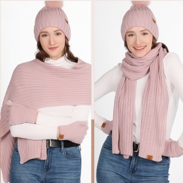 Winter Beanie Fleece Lined Pom Pom Hat Long Scarf Touchscreen Gloves for Women