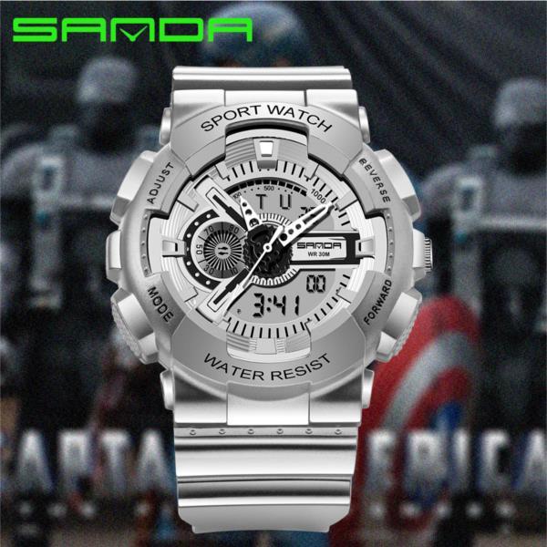 Orologio Sportivo Sanda Uomo Resistente Acqua Cronografo Sveglia Moda Silver lac