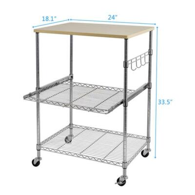 3-Tier Wire Rolling Kitchen Cart Service Cart 4 Hooks Oak Microwave Stand Chrome
