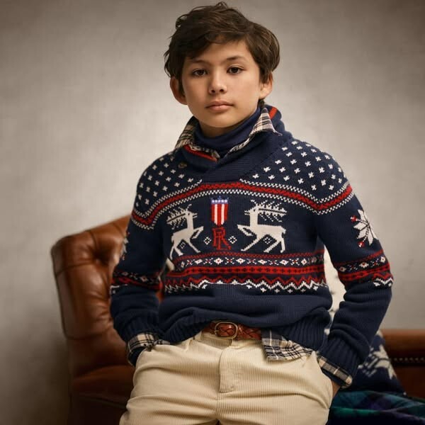 Polo Ralph Lauren Reindeer Wool Blend Shawl Sweater Boys' M (10-12) Navy Multi - Picture 1 of 17