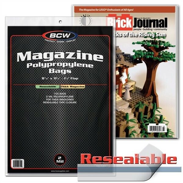 100 EACH - BCW THICK Magazine RESEALABLE Poly Bags + Backer Boards ACID FREE