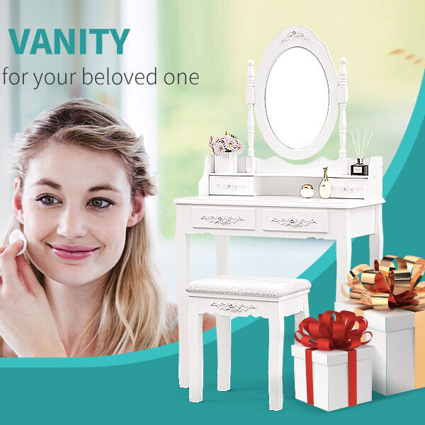 4 Drawers With Mirror Makeup Vanity Table Set White Bedroom Dressing Furniture