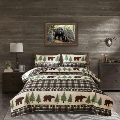 Rustic Bedding Quilt Set King Size Lodge Cabin Quilt Brown Plaid Quilt Bedding