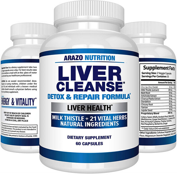 Arazo Nutrition Liver Cleanse Detox & Repair Formula – 22 Herbs Support 60 Caps