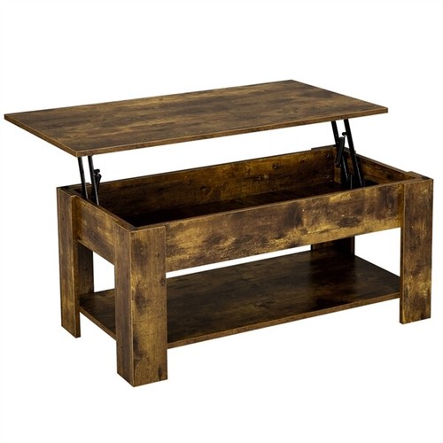 Rustic Lift Top Coffee Table w/Hidden Compartment&Storage Shelf For Living Room