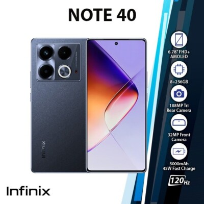 Infinix Note 40 Android Cell Phone (Black, 8GB+256GB, Dual SIM, Unlocked)