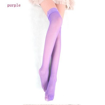 Sexy Womens Stockings  Lace Top Hollow Fishnet Thigh High Stockings Purple Color