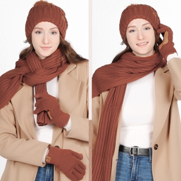 Winter Beanie Fleece Lined Pom Pom Hat Long Scarf Touchscreen Gloves for Women