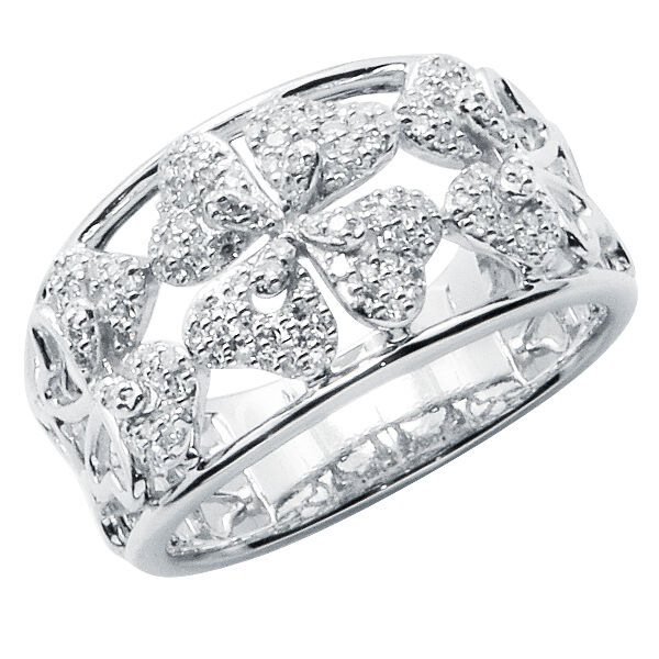 Wide 14k White Gold Pave Diamond Flower Floral Right Hand Cocktail Band Ring