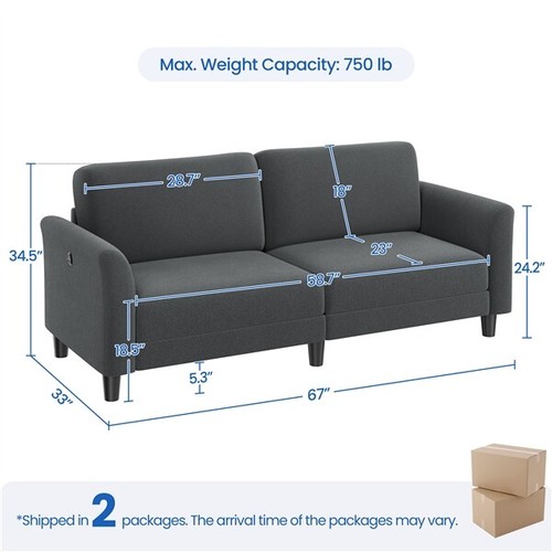 2-Seater Fabric Couch with USB Charging Ports, 67 2-Seater Fabric Couch with USB Charging Ports, 67