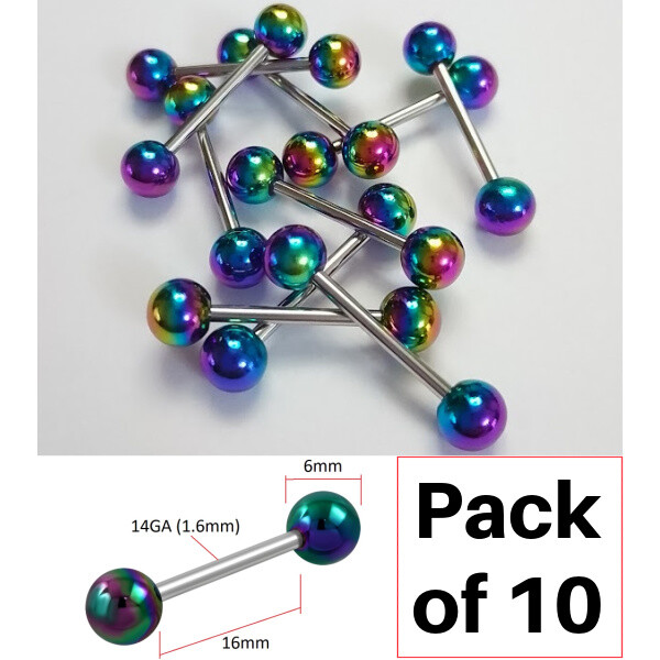 Pack of 10 | 16mm 14GA Bars | Rainbow Metallic Coated Balls | Nipple Piercings