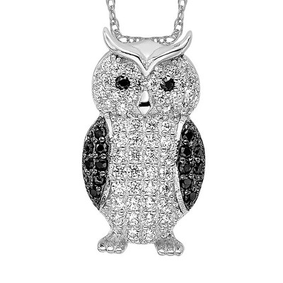 925 Sterling Silver Black White Cubic Zirconia CZ Owl Symbol of Wisdom Bird ...
