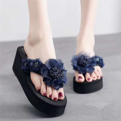 Women Summer Flower Beach Slippers Seaside Flip Flops Wedge Slip On Sandals