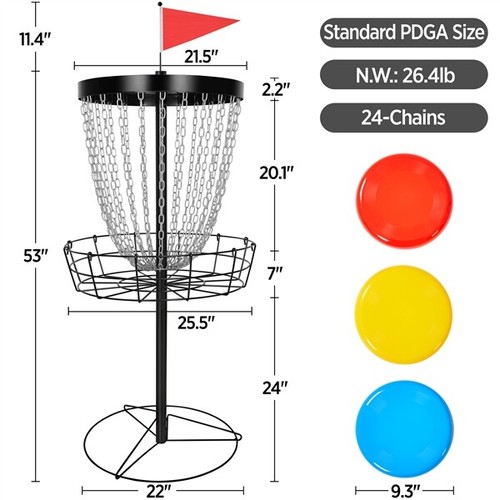 Disc Golf Basket Target Metal Practice Basket w/ 24-Chain 3 Discs Carrying Bag