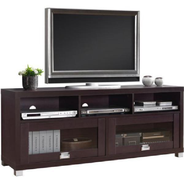 Audio Media Cabinet Console 2 Glass Door Shelves Wood Espres