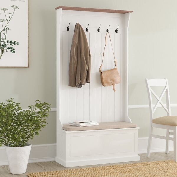 Wooden Hallway Unit With Integrated Coat Hooks And Bench With
