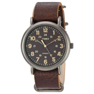 Timex Men's Weekender 40 Titanium-Tone/Dark Brown Leather Strap Indiglo Watch