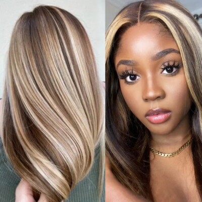 Highlight Blonde Brown Lace Front Wigs Synthetic Lace Wigs Natural Hairline USA 