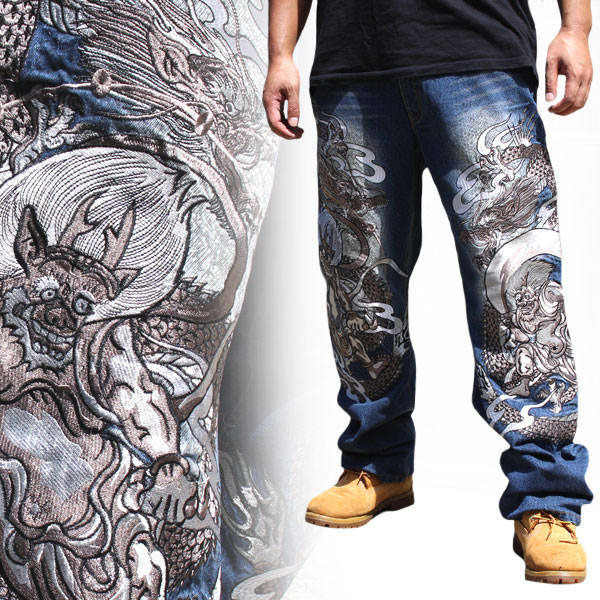 パンツ Japanese pattern denim pants dragon y2k Hesaco Y2K Dragon Print Denim Pants for Women - Goth Baggy