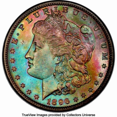 1896-P Morgan Silver Dollar PCGS MS64 CAC Vivid Color Full Obverse Rainbow Toned