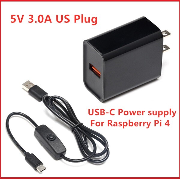 Raspberry Pi 4 Power Supply Adapter with Switch USB-C 5V 3.0A & Micro-HDMI Cable