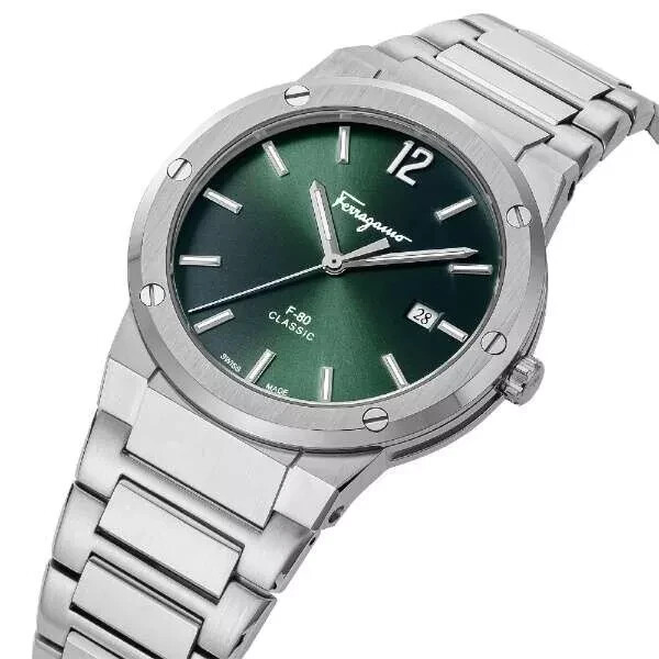 Pre-owned Ferragamo F-80 Men's Watch Sfdt00249 Green Dial Quartz Stainless Steel 42mm
