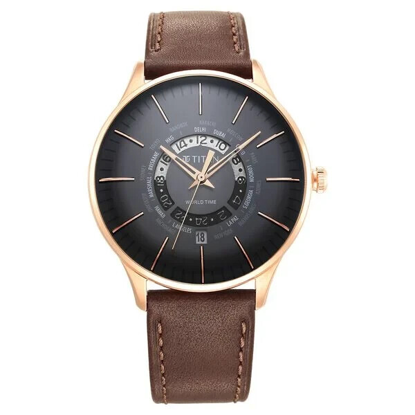 Pre-owned Titan Black Dial World Time With Date Stainless Steel Strap Watch For Men