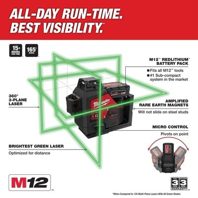 Milwaukee Tool 3632-21 M12 Green 360-Degree 3-Plane Laser Kit