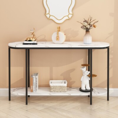 Console Table 2 Tier Narrow Entryway Table with Storage Shelves Faux Marble Narr