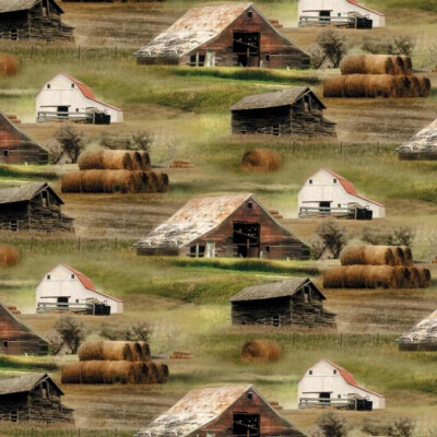 Farm Buildings Barn Fabric Greener Pastures Grass Cotton Wilmington By The Yard
